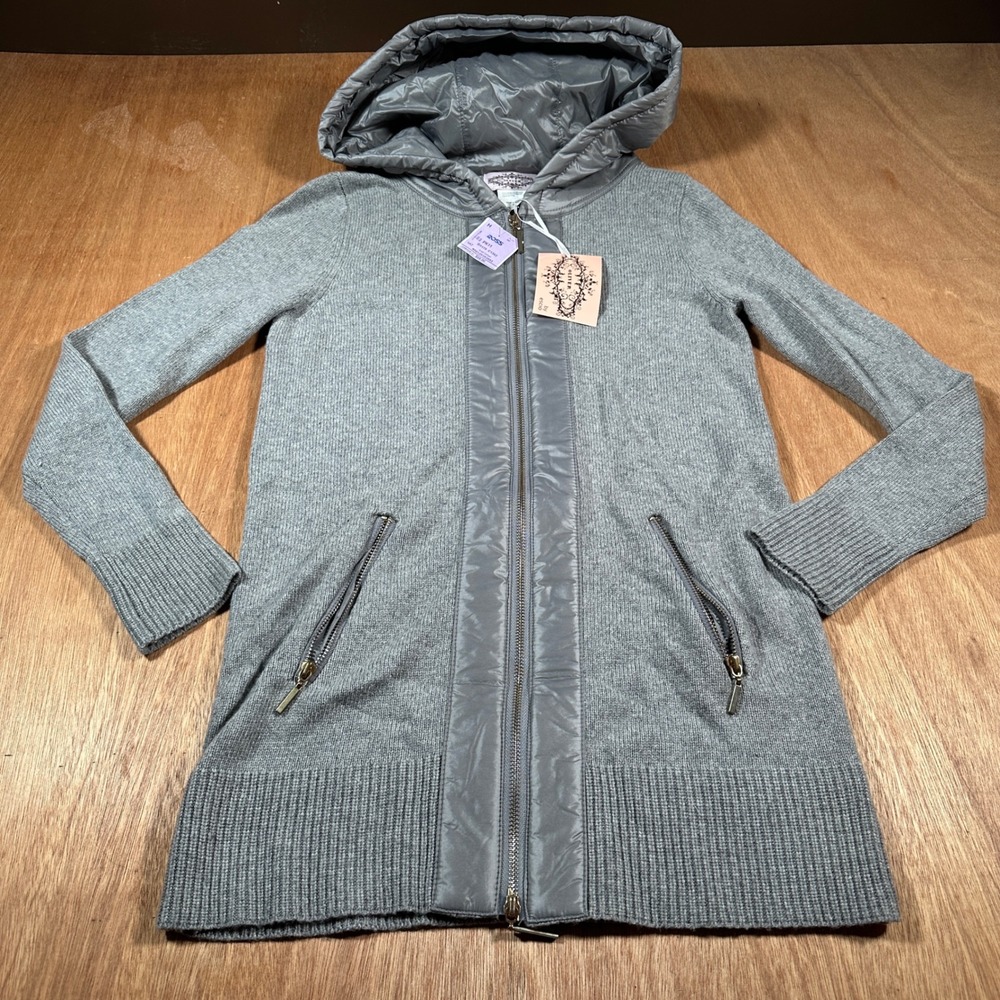Oliver by Escio Cardigan Women Size S Light Grey Mixed Media Puffer Hood Z4-6007